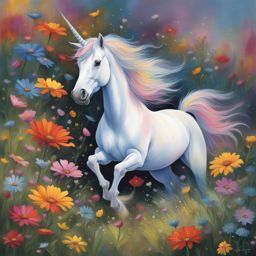 playful unicorn frolicking in a field of colorful wildflowers, scattering petals with each joyful step. 