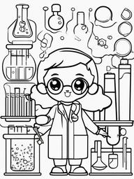 Kawaii Science Coloring Pages - Cute Characters Doing Science Experiments  minimal black outline printable sheet, coloring page