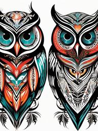 Tribal Owls - Embrace tribal aesthetics with a captivating tattoo featuring tribal-inspired owls.  simple color tattoo,vector style,white background