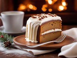 spice cake with cream cheese frosting, savored at a cozy log cabin during a snowstorm. 