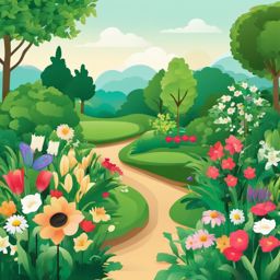 Spring Garden clipart - A lush and vibrant garden scene, ,vector color clipart,minimal