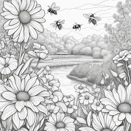 flower coloring pages - bees buzz among vibrant flowers in a sun-kissed garden. 