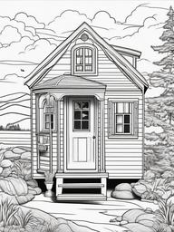 House Coloring Pages - Tiny house on wheels parked in a beautiful landscape  simple coloring pages