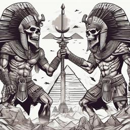 3 x Egyptian gods fighting with pyramids in background,  skull and scary   ,tattoo design, white background