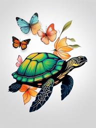 turtle and butterfly tattoo  simple color tattoo, minimal, white background