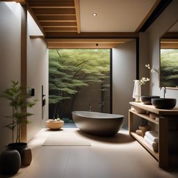 japanese-inspired bathroom with a deep soaking tub and zen decor. 