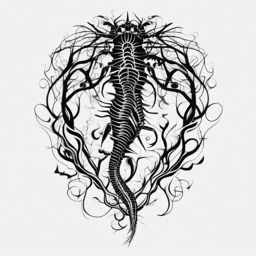 Abstract centipede roots tattoo: Symbolizing grounding and connection to nature.  black white tattoo, white background