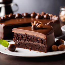 chocolate hazelnut torte with a hazelnut praline glaze, savored at a european café. 