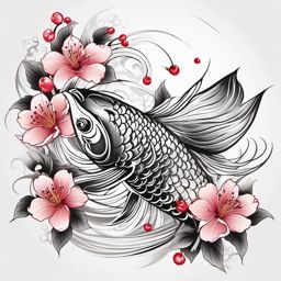 Koi Fish and Cherry Blossom Tattoo,a harmonious tattoo uniting koi fish and cherry blossoms, symbolizing transformation and beauty. , tattoo design, white clean background