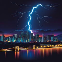 Lightning over city at night sticker- Electric and vibrant, , sticker vector art, minimalist design