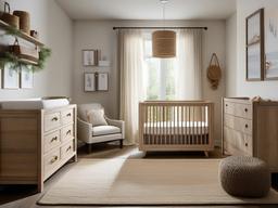 The nursery features rustic interior design with soft textiles, wooden accents, and nature-inspired decor that create a beautiful and serene space for the baby.  