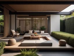 The terrace embraces Japanese Zen interior design with natural furniture, soft textiles, and a minimalist aesthetic, providing a captivating space for gatherings and tranquility.  