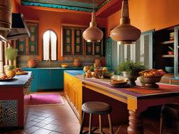 Moroccan kitchen dazzles with vibrant tiles, intricate lanterns, and colorful textiles, creating an exotic and inviting space for cooking and entertaining.  