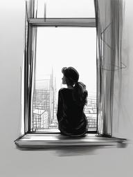 drawing of a person looking out a window  minimal rough sketch scribbles,doodles,black and white