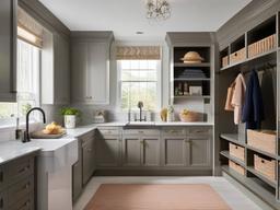 A utility room designed with Regency interior design includes stylish storage solutions, elegant decor, and an organized layout that makes chores feel manageable and appealing.  