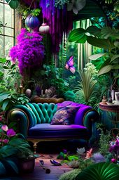 enchanted garden living room with enchanted flora and fauna as furniture. 