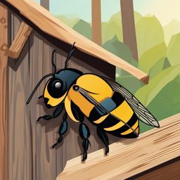 Carpenter Bee Clip Art - A carpenter bee near wooden structures,  color vector clipart, minimal style