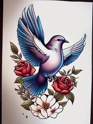 Dove Rose Tattoo-Whimsical and artistic tattoo featuring a dove and a rose, capturing themes of beauty and symbolism.  simple color tattoo,white background