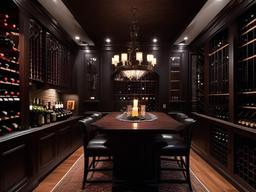 In the wine cellar, Gothic interior design features dark wood racks, flickering candlelight, and an atmospheric layout that creates a unique space for wine enthusiasts to enjoy.  