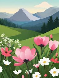 Mountain Meadow Blossoms clipart - Blossoms in a mountain meadow, ,vector color clipart,minimal