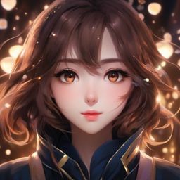 Front facing face, girl with brown hair, sharp eyes in a whimsical dreamlike dimension.  close shot of face, face front facing, profile picture pfp, anime style