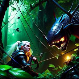 legolas vs the giant spider - the elven archer legolas faces a colossal spider in the dark depths of mirkwood forest, firing arrows with unparalleled precision. 