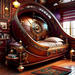 steampunk airship bedroom featuring brass-adorned bedframes and gear-shaped furniture. 