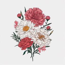 Aster and Carnation Flower Tattoo,Grace meets charm in a floral tattoo uniting asters and carnations, blending elegance and symbolism.  simple color tattoo,minimal vector art,white background