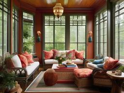 A sunroom with Russian Revival interior design highlights comfortable seating, rich textiles, and ornamental details that create a bright and inviting space to enjoy nature.  