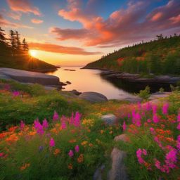 Pretty Backgrounds - Step into a wonderland of wildflowers and scenic beauty in Acadia National Park, where vibrant colors and stunning landscapes create pretty and picturesque views.  intricate patterns, splash art, wallpaper art