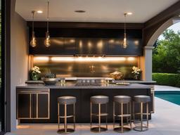 Luxury Glam outdoor kitchen offers stylish finishes, plush materials, and decorative accents that create an upscale yet comfortable atmosphere for outdoor entertaining.  