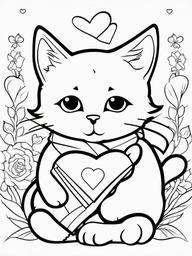 Kitty with a Heart Banner Coloring Pages - Kitten Holding a “Love” Banner  minimal black outline printable sheet, coloring page