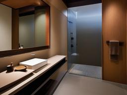 In the guest bathroom, Japanese Zen interior design features simple fixtures, natural materials, and calming colors that create a welcoming atmosphere for visitors.  