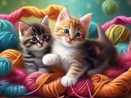 Cute Backgrounds - Adorable Kittens Playing with Yarn wallpaper splash art, vibrant colors, intricate patterns