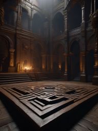 Cursed labyrinth imprisons adventurers, offering riddles and trials to those who seek its exit.  8k, hyper realistic, cinematic