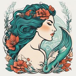 Mermaid Vintage Tattoo - Embrace classic and vintage charm with a mermaid-themed tattoo inspired by traditional styles.  simple vector color tattoo,minimal,white background