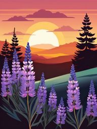 Sunset Lupine Clip Art - Lupine flowers in a sunset-inspired setting,  color vector clipart, minimal style