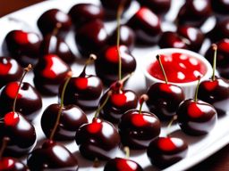 a platter of delicate chocolate-covered cherries, each with a juicy maraschino cherry inside. 