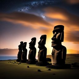 easter island, chile - create a scene showcasing the enigmatic moai statues of easter island, standing silently beneath the stars. 