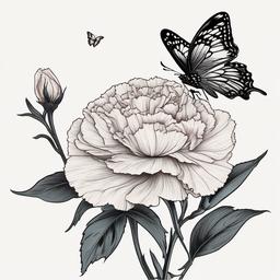 Carnation with Butterfly Tattoo,Symbolism of transformation and beauty in a carnation and butterfly tattoo, a harmonious and meaningful choice.  simple color tattoo,minimal vector art,white background