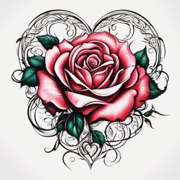 Rose tattoo with heart, Rose and a heart intertwined in ink, symbolizing the everlasting beauty of love. , tattoo color art, clean white background