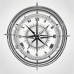 Clock Compass Tattoo - Fusion of a clock and compass motifs.  simple vector tattoo,minimalist,white background