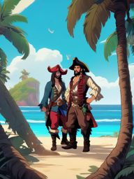 Mischievous pirate and mischievous pirate buddy, marooned on a deserted island, conspiring with a parrot to escape, as a matching pfp for friends. wide shot, cool anime color style