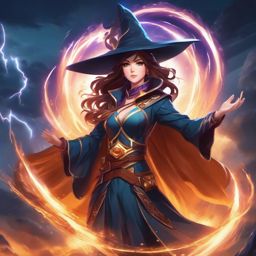 Sorceress character, on a floating citadel, summoning a powerful storm with magical incantations.  front facing ,centered portrait shot, cute anime color style, pfp, full face visible