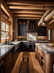 rustic cabin kitchen with log beam ceilings and stone countertops. 
