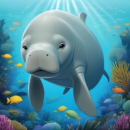 Dugong cartoon - large, gentle, ocean-dwelling herbivore  