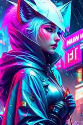 white - furred anthropomorphic female vulpes vulpes fulva wearing tight cyberpunk clothes, eating noodles, in the rain by a noodle kiosk, in the crowded and wet street of a city, cyberpunk, harsh neon lights, highly detailed, digital painting, trending on artstation, concept art, sharp focus, illustration, art by artgerm and greg rutkowski and magali villeneuve