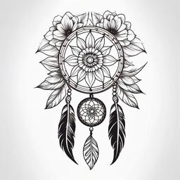 Dream Catcher with Flower Tattoo - Tattoo combining a dream catcher with floral motifs.  simple vector tattoo,minimalist,white background