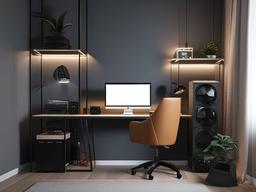 Minimalist gamer room includes a simple desk setup with a clean design, cable management solutions, and muted colors for an uncluttered and focused gaming atmosphere.  