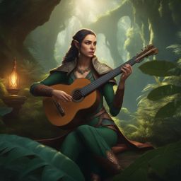 half-elf bard,calista windrider,charming a dangerous creature,a captivating song,a dense jungle cinematic 8k, highly detailed,